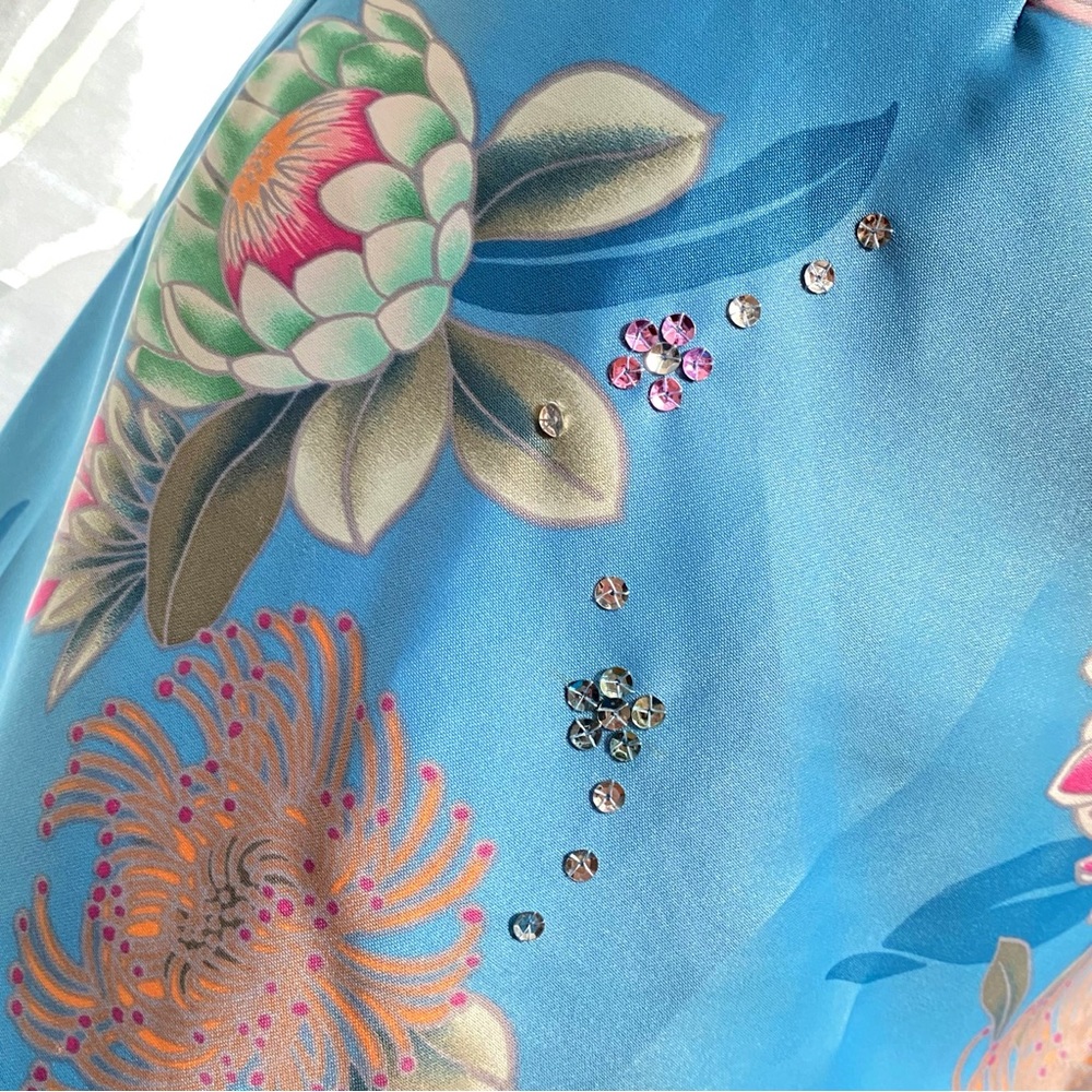 VINTAGE WALTAH CLARKE’S blue pink Hawaiian floral print sleeveless satin dress - Picture 6 of 10